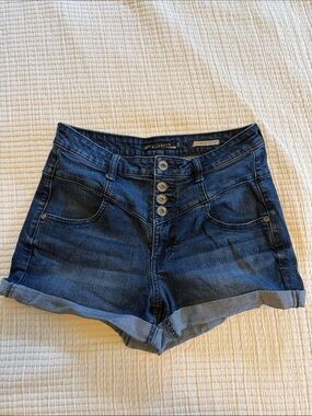 Love Sick Dark Blue High-Rise Button-Front Denim Shorts